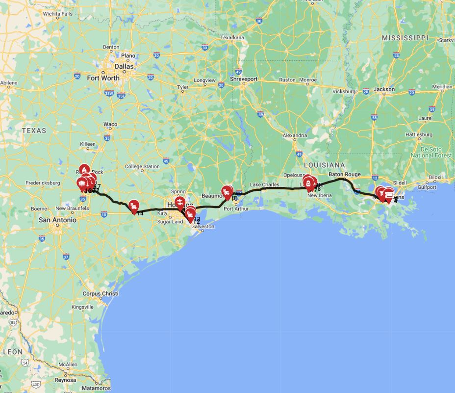 RV route a road trip with a motorhome from New Orleans to Austin